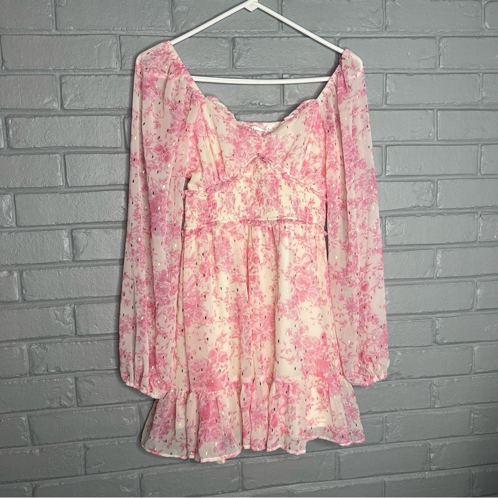 Altar'd State Pink Floral Mini Dress with Gold Accents Size Small